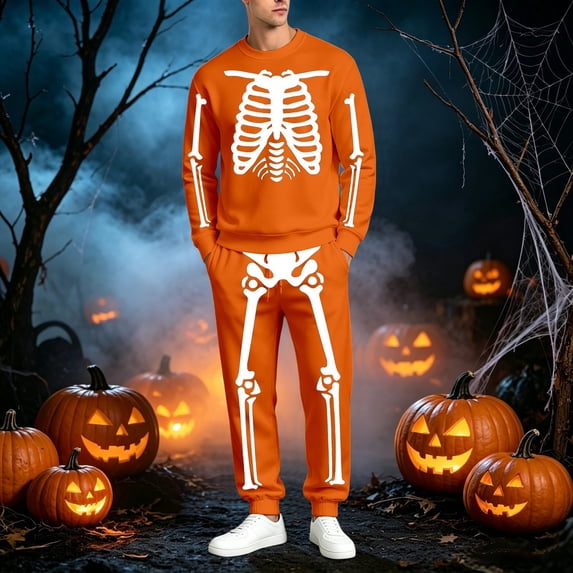 Men's 2 Pieces Tracksuit Set Novelty Skeleton Print Sweatshirts Matching Jogger Pants Outfits (Orange S)