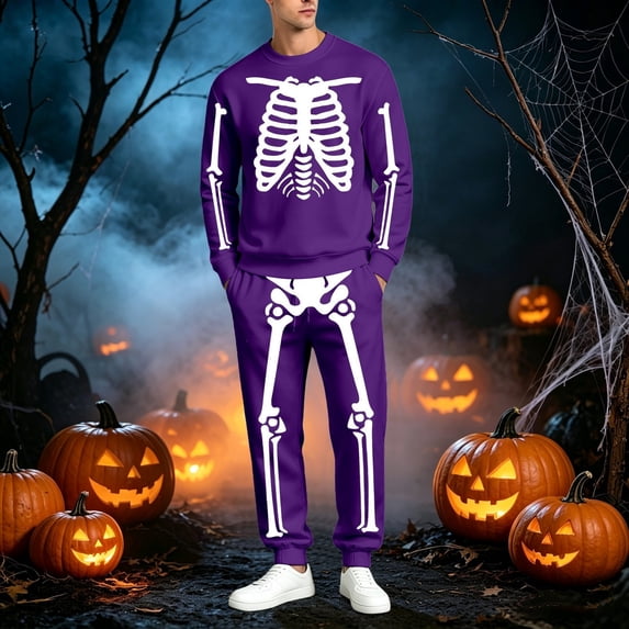 Men's 2 Pieces Tracksuit Set Novelty Skeleton Print Sweatshirts Matching Jogger Pants Outfits (Purple L)