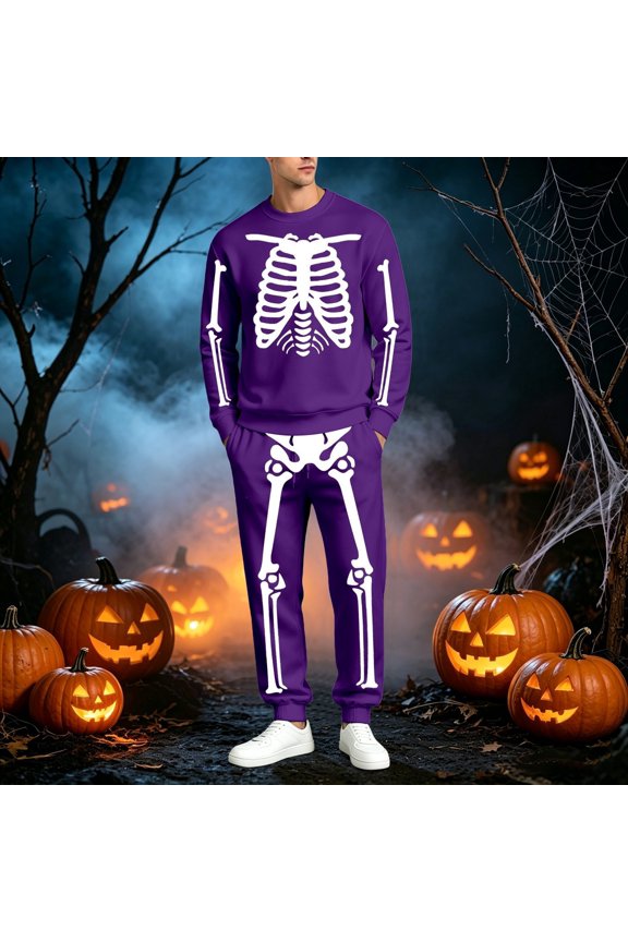 Men's 2 Pieces Tracksuit Set Novelty Skeleton Print Sweatshirts Matching Jogger Pants Outfits (Purple M)