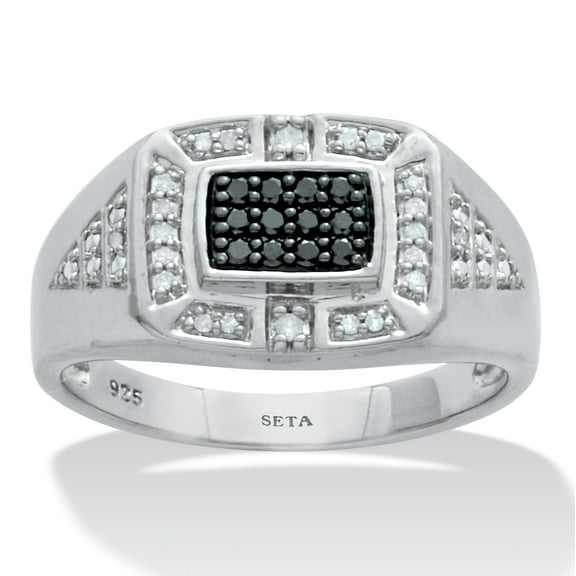 Men's .2 TCW Platinum Over Sterling Silver Black and White Diamond Square Ring