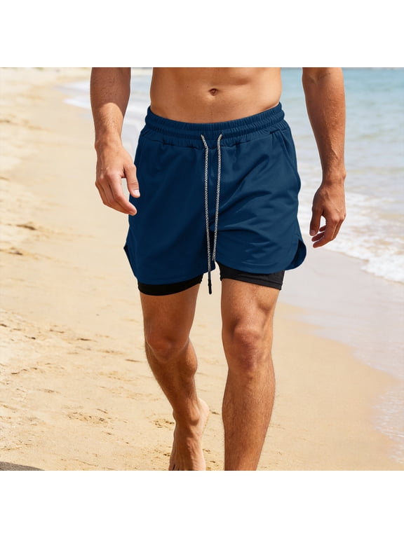 Men's 2-in-1 Athletic Shorts, Quick Dry Workout Shorts with Built-in Compression Liner, Elastic Waist Drawstring with Side Slit Swim Trunks Blue XXL