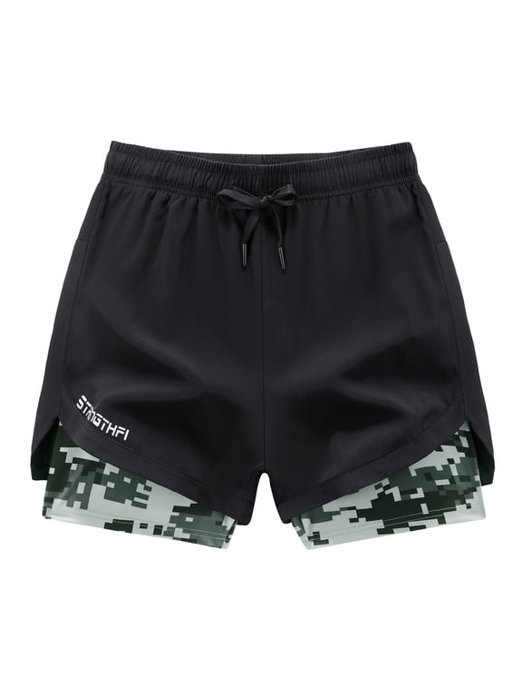 Men's 2 in 1 Camo Liner Athletic Shorts Quick Dry Split Hem Running Gym Shorts