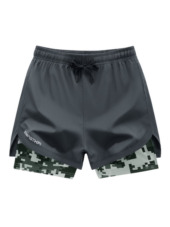 Men's 2 in 1 Camo Liner Athletic Shorts Quick Dry Split Hem Running Gym Shorts