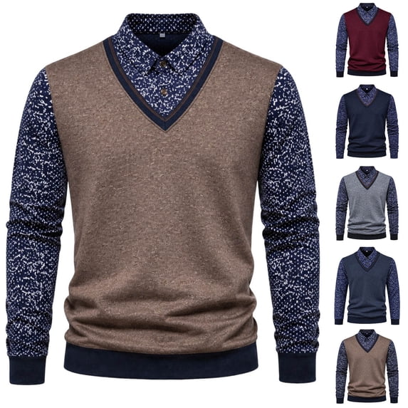 Men's 2 in 1 Collared Pullover Knit Sweater, Long Sleeve Color Block Shirt Casual Top for Fall Winter