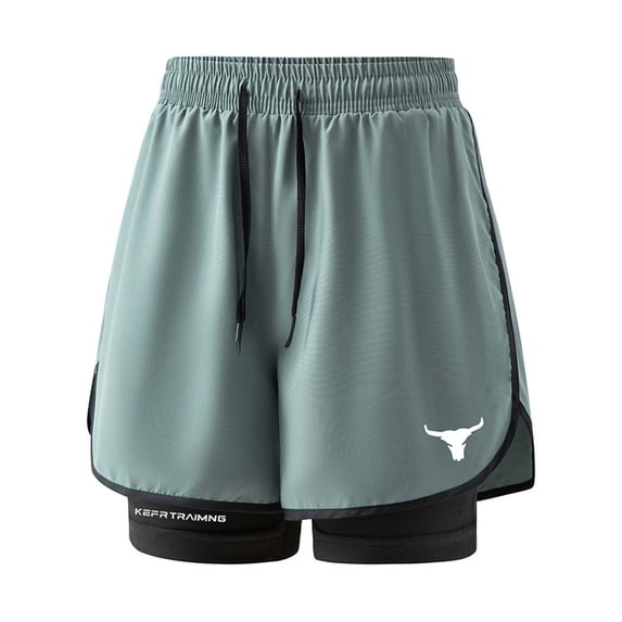 Men's 2-in-1 Quick Dry Athletic Shorts, Elastic Drawstring Waist with Compression Liner and Bull Print, Workout Shorts for Men Couple's Fake Two-Piece Running Fitness Shorts Gray XL