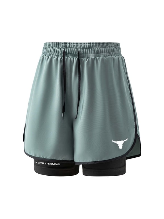 Men's 2-in-1 Quick Dry Athletic Shorts, Elastic Drawstring Waist with Compression Liner and Bull Print, Workout Shorts for Men Couple's Fake Two-Piece Running Fitness Shorts Gray L
