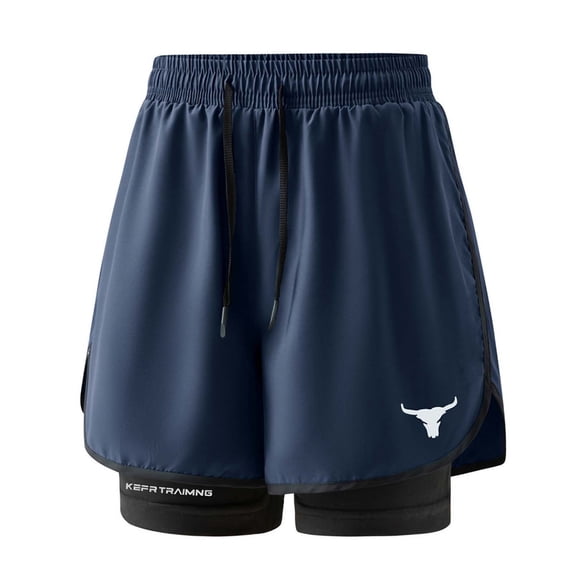 Men's 2-in-1 Quick Dry Athletic Shorts, Elastic Drawstring Waist with Compression Liner and Bull Print, Workout Shorts for Men Couple's Fake Two-Piece Running Fitness Shorts Navy M