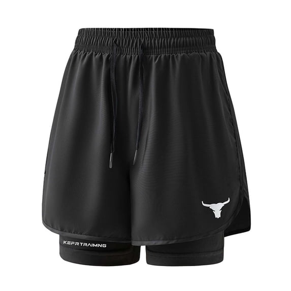 Men's 2-in-1 Quick Dry Athletic Shorts, Elastic Drawstring Waist with Compression Liner and Bull Print, Workout Shorts for Men Couple's Fake Two-Piece Running Fitness Shorts Black M