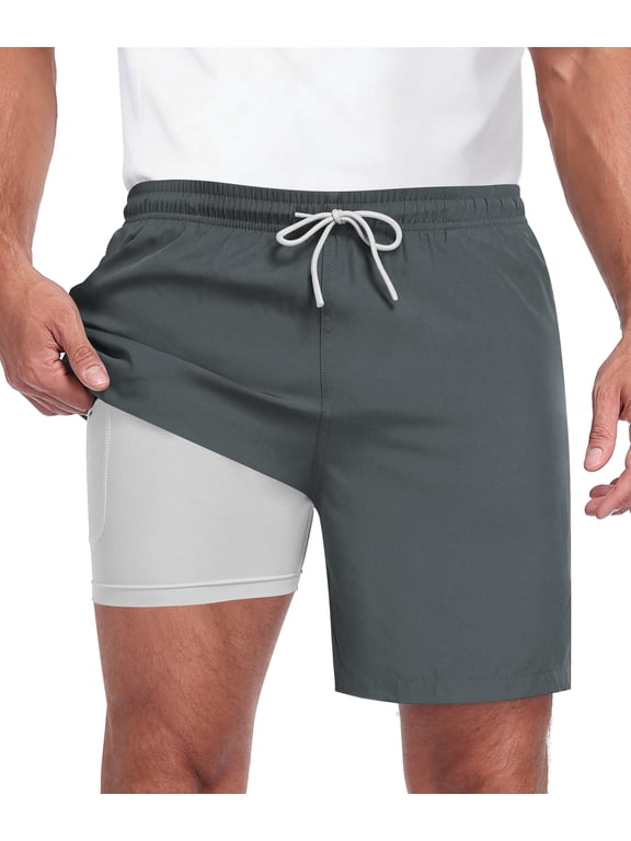 Men's 2-in-1 Quick-Dry Athletic Swim Shorts with Inner Compression Liner(Built-in liner pocket), Drawstring Waist, and 3 Pockets 3XL