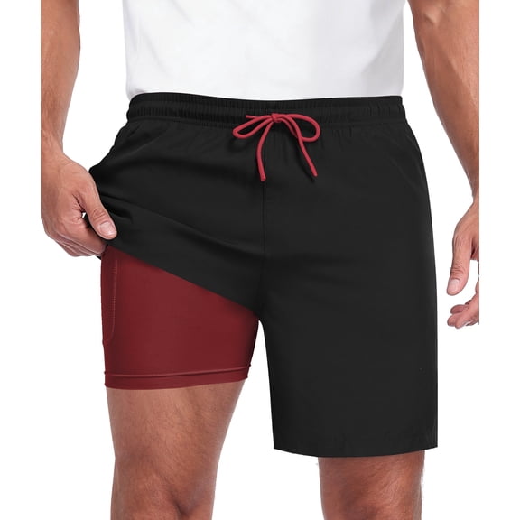 Men's 2-in-1 Quick-Dry Athletic Swim Shorts with Inner Compression Liner(Built-in liner pocket), Drawstring Waist, and 3 Pockets.S