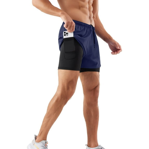 Men's 2 in 1 Running Shorts Gym Workout Quick Dry Mens Shorts with Phone Pocket Drawstring Sport Pants with Compression Liner NavyBlue 2XL