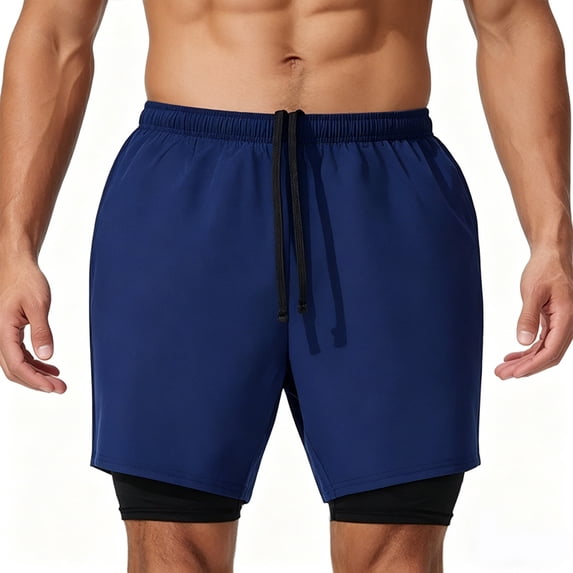 Men's 2 in 1 Running Shorts Quick Dry Gym Athletic Workout Shorts for Men with Phone Pockets Navy Blue XXL
