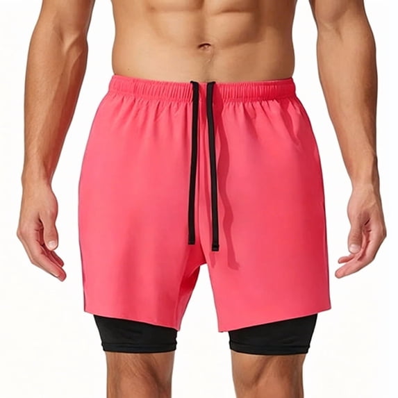 Men's 2 in 1 Running Shorts Quick Dry Gym Athletic Workout Shorts for Men with Phone Pockets Rose Red M