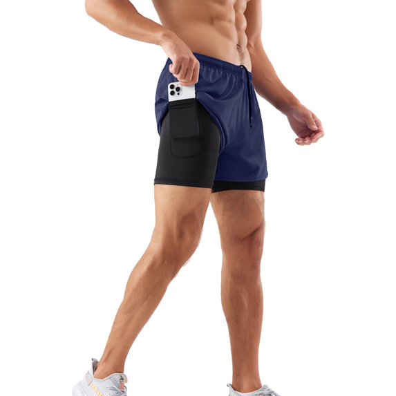 Men’s 2 in 1 Running Shorts with Pockets Quick Dry Breathable Active Gym Workout Shorts Navy Blue X-Large
