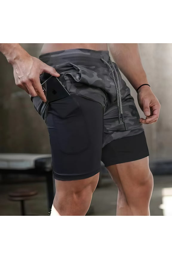 Men’s 2 in 1 Running Shorts Quick Dry Gym Athletic Workout Shorts for Men with Phone Pockets(Camouflage Black-L)