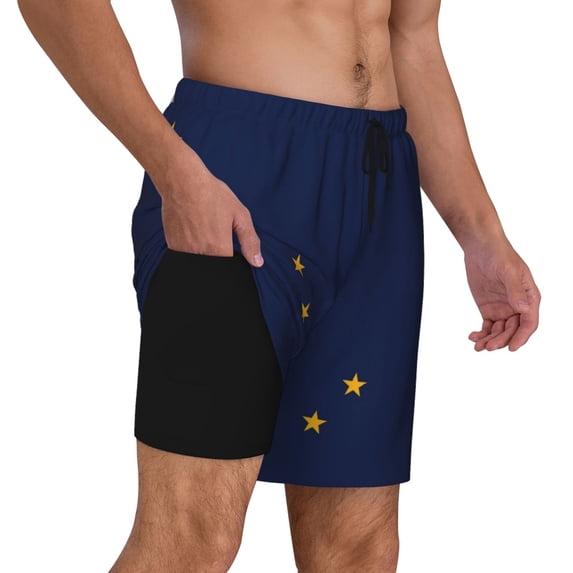 Men's 2 in 1 Swim Trunks with Compression Liner Alaska Flag Quick Dry Beach Shorts