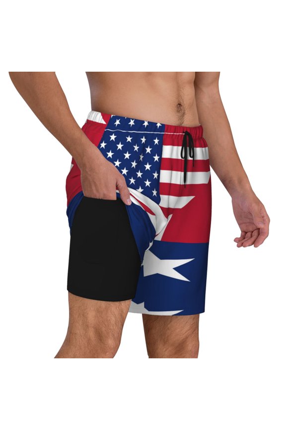 Men's 2 in 1 Swim Trunks with Compression Liner America Texas Flag Quick Dry Beach Shorts