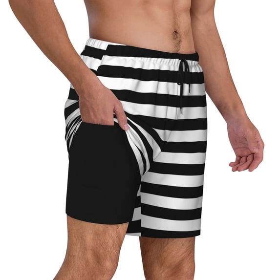 Men's 2 in 1 Swim Trunks with Compression Liner Black And White Stripe Quick Dry Beach Shorts