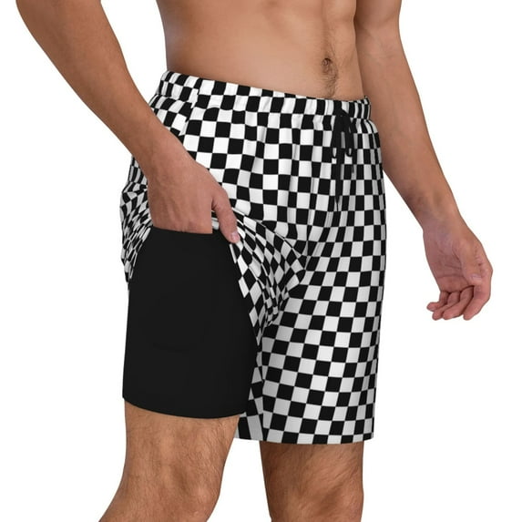 Men's 2 in 1 Swim Trunks with Compression Liner Black Checkered Quick Dry Beach Shorts