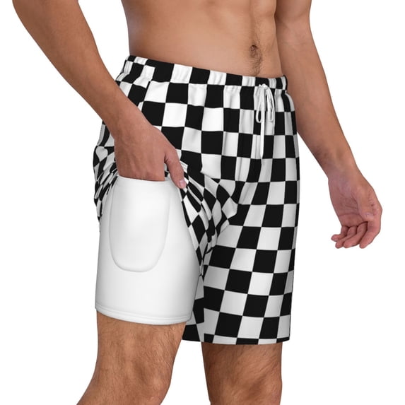 Men's 2 in 1 Swim Trunks with Compression Liner Checkerboard Black And White Quick Dry Beach Shorts