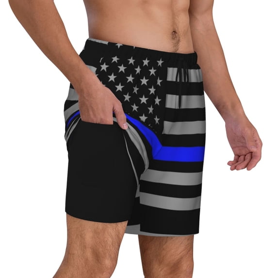 Men's 2 in 1 Swim Trunks with Compression Liner Distressed Police Style Flag Quick Dry Beach Shorts
