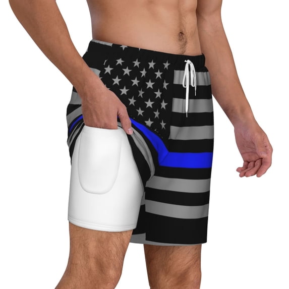 Men's 2 in 1 Swim Trunks with Compression Liner Distressed Police Style Flag Quick Dry Beach Shorts