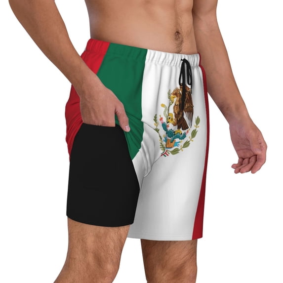 Men's 2 in 1 Swim Trunks with Compression Liner Flag Of Mexico Quick Dry Beach Shorts