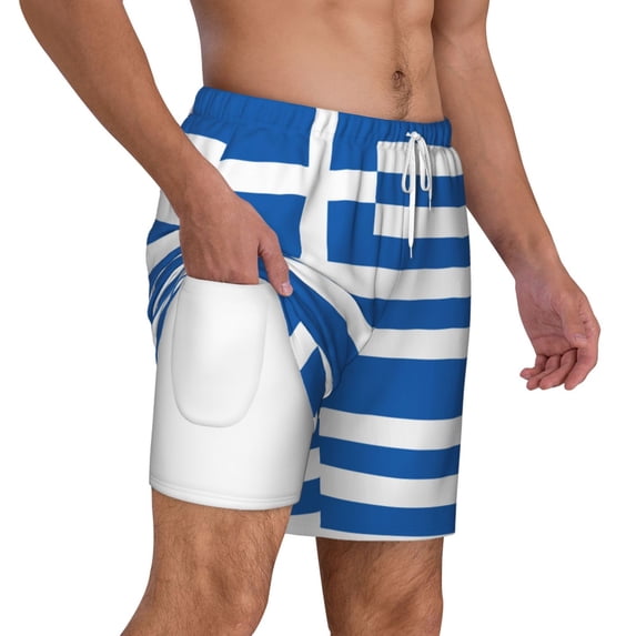 Men's 2 in 1 Swim Trunks with Compression Liner Greek Flag Quick Dry Beach Shorts