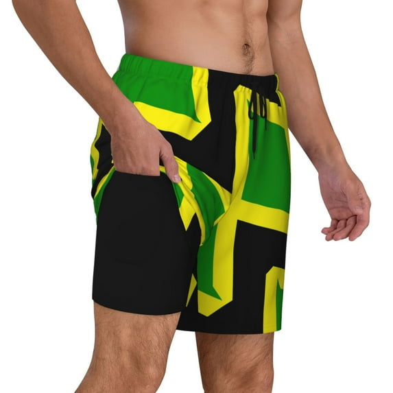 Men's 2 in 1 Swim Trunks with Compression Liner Jamaican Flag Quick Dry Beach Shorts