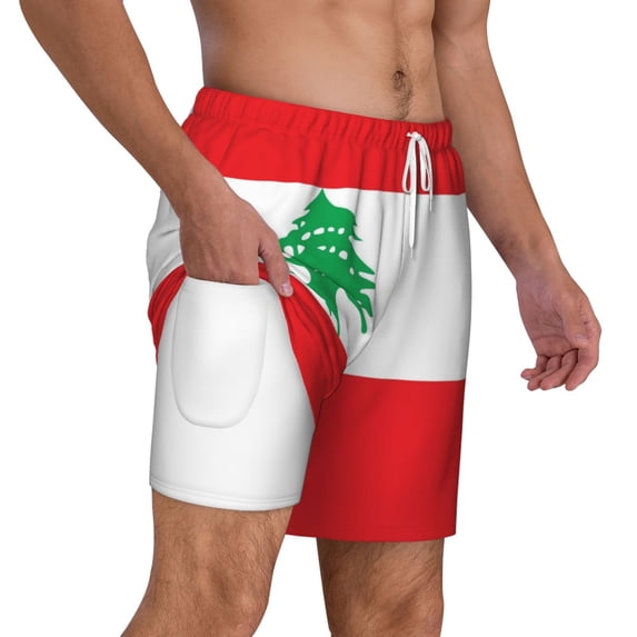 Men's 2 in 1 Swim Trunks with Compression Liner Lebanese Flag Quick Dry Beach Shorts