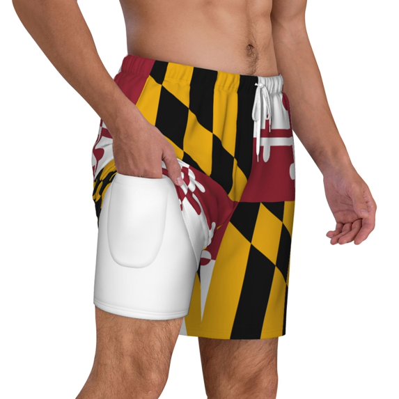 Men's 2 in 1 Swim Trunks with Compression Liner Maryland Flag Quick Dry Beach Shorts