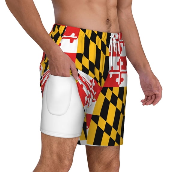 Men's 2 in 1 Swim Trunks with Compression Liner Maryland Flag Quick Dry Beach Shorts