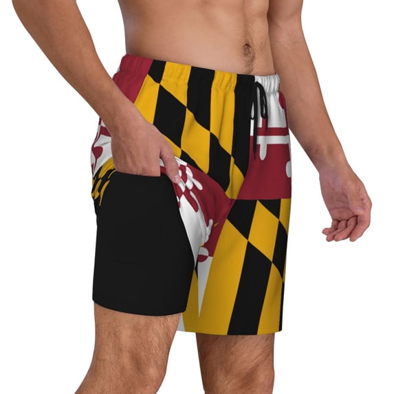 Men's 2 in 1 Swim Trunks with Compression Liner Maryland Flag Quick Dry Beach Shorts