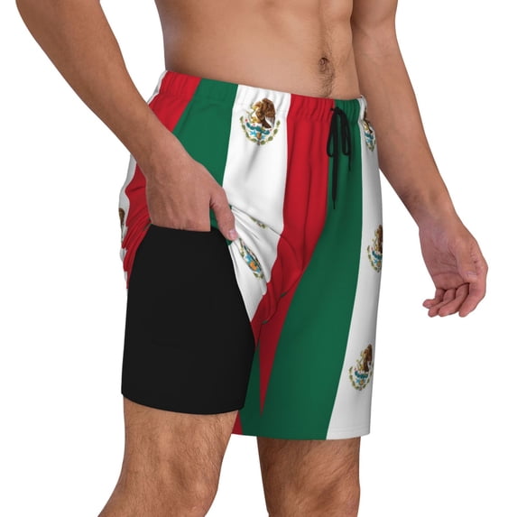 Men's 2 in 1 Swim Trunks with Compression Liner Mexican Flag Quick Dry Beach Shorts