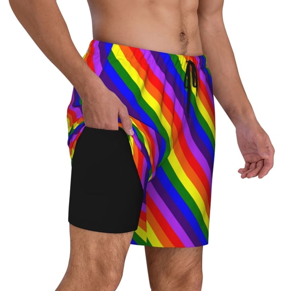 Men's 2 in 1 Swim Trunks with Compression Liner Pride Rainbow Flag Quick Dry Beach Shorts