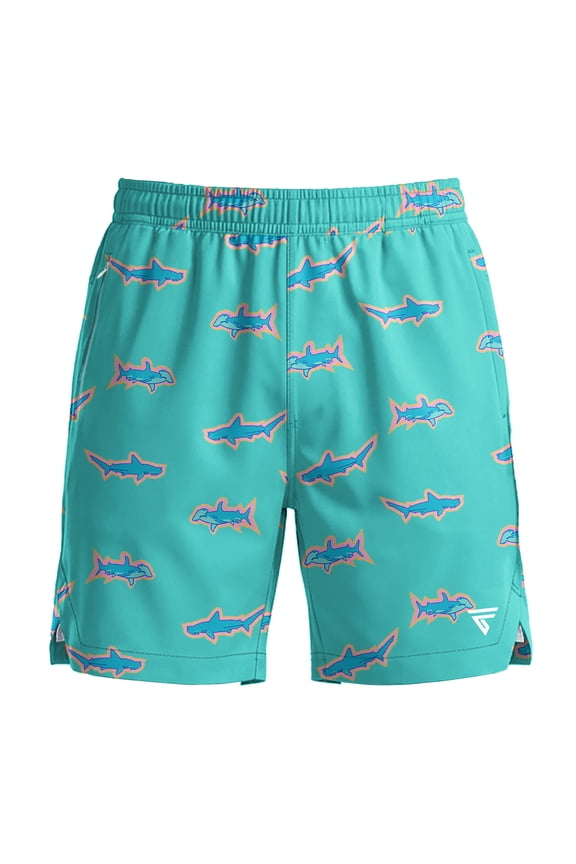 Men’s 2-in-1 Swim Trunks with Compression Liner, Quick-Dry Stretch Fabric, Drawstring Waist, and Pockets - Beach, Swimming, and Active Wear - Shark S