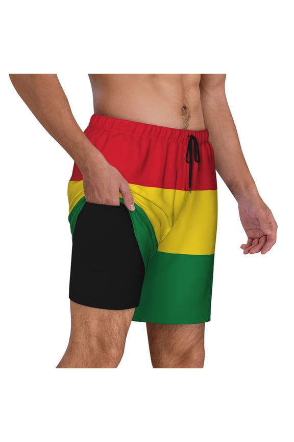 Men's 2 in 1 Swim Trunks with Compression Liner Reggae Rasta Flag Quick Dry Beach Shorts