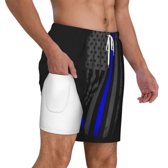 Men's 2 in 1 Swim Trunks with Compression Liner Retro Thin Blue Line Flag Quick Dry Beach Shorts