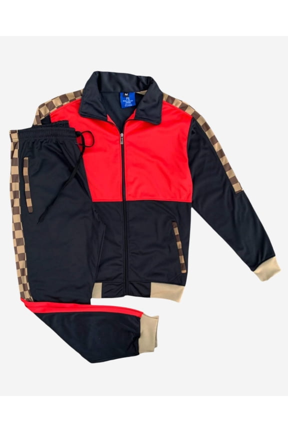 Men’s 2 piece Checker box Jogger style Jogging Suit Track Jacket  Track pants Matching Suit
