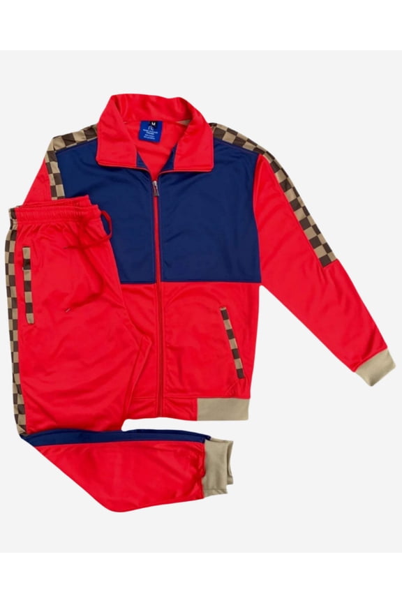 Men’s 2 piece Checker box Jogger style Jogging Suit Track Jacket Track pants Matching Suit