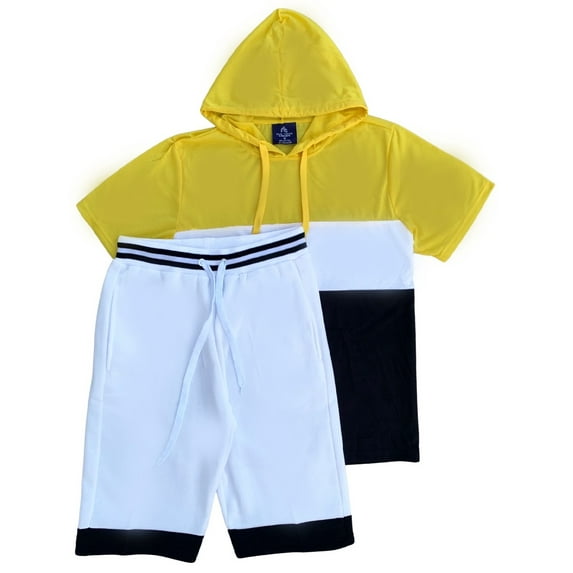 Men’s 2-piece Color block Short Set pullover Hoodie with matching shorts