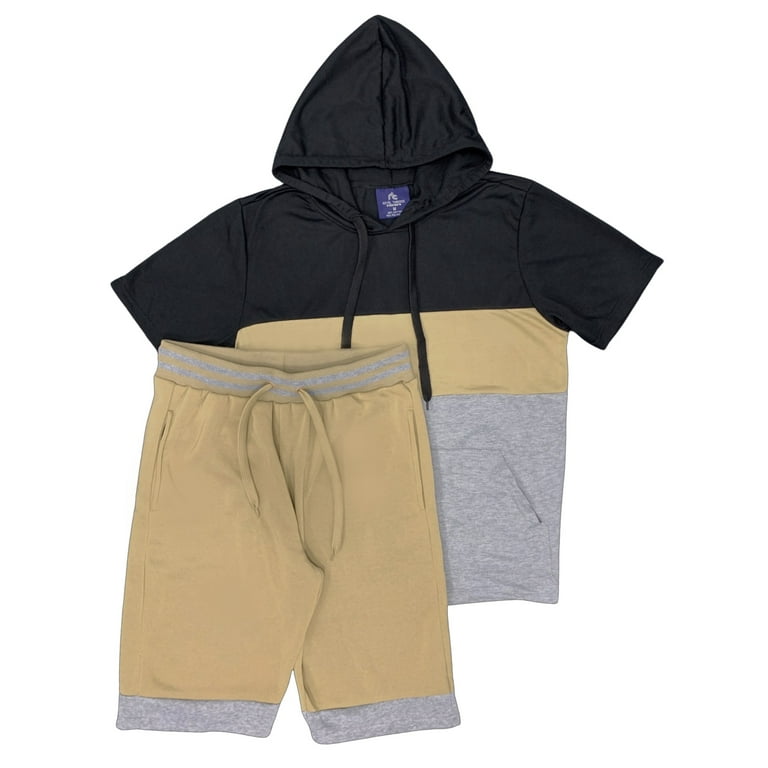 Men s 2 piece Color block Short Set pullover Hoodie with matching shorts