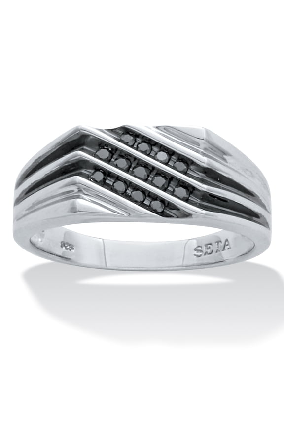Men's .20 TCW Black Diamond Platinum Over Silver 3-Row Ring