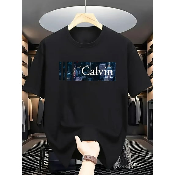 Men's 200g Pure Cotton Short Sleeve T-Shirt - Soft Breathable Fabric with Bold 'CALVIN' Graphic Print, Vibrant Red Round Neck Casual Tee, Machine Washable for All-Season Comfort, Daily Wear Shirt