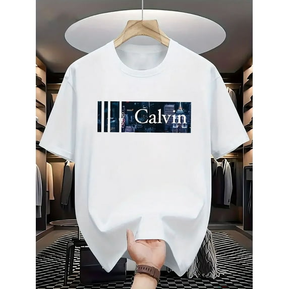 Men's 200g Pure Cotton Short Sleeve T-Shirt - Soft Breathable Fabric with Bold 'CALVIN' Graphic Print, Vibrant Red Round Neck Casual Tee, Machine Washable for All-Season Comfort, Daily Wear Shirt
