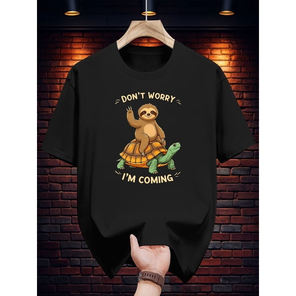 Men's 200gsm Heavyweight 100% Cotton T-Shirt with Funny Sloth & Turtle Print "Don't Worry I'm Coming" - Casual Round Neck Short Sleeve Summer Tee for Adults, Machine Washable Everyday Comfort Fit