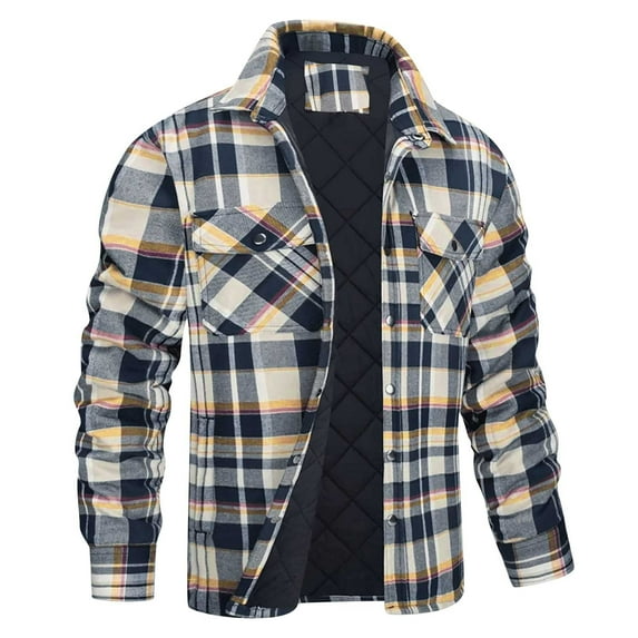 Men's 2024 Winter Plaid Long Sleeve Button Front Jacket Drop Shoulder Coat Flannel Plaid Lapel Snap Button Jackets