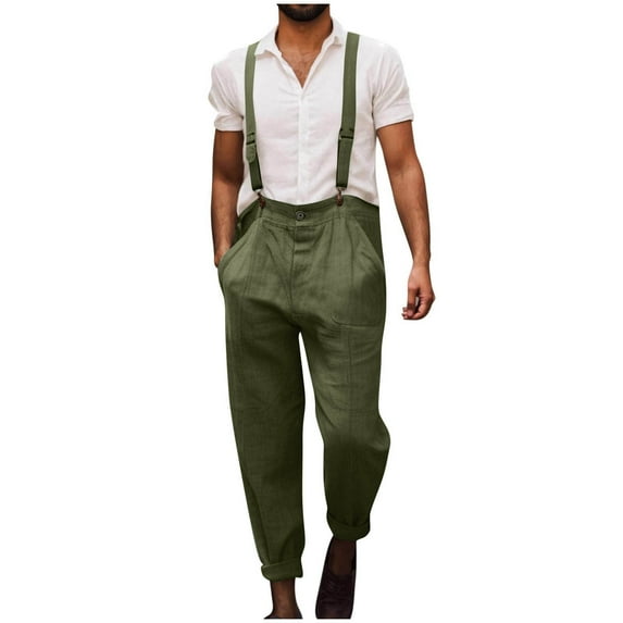 Men's 2025 Linen Bib Overalls - Pleated Trousers & Detachable Straps | Lightweight Summer-to-Fall Coveralls with Elastic Waist