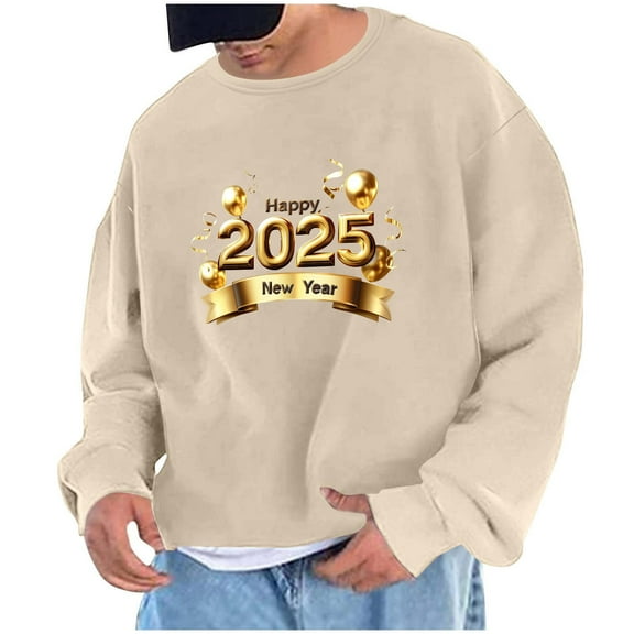 Men's 2025 New Year Printing Sweatshirt Pullover Round Neck Long Sleeve Exercise No Hat The Coat Hoodie