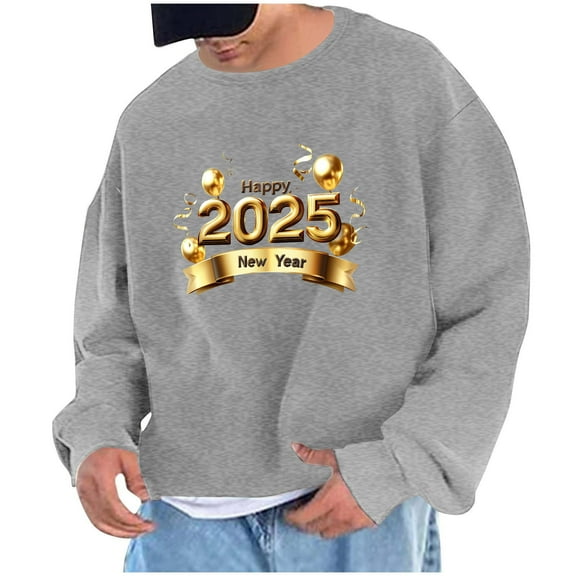 Men's 2025 New Year Printing Sweatshirt Pullover Round Neck Long Sleeve Exercise No Hat The Coat Hoodie